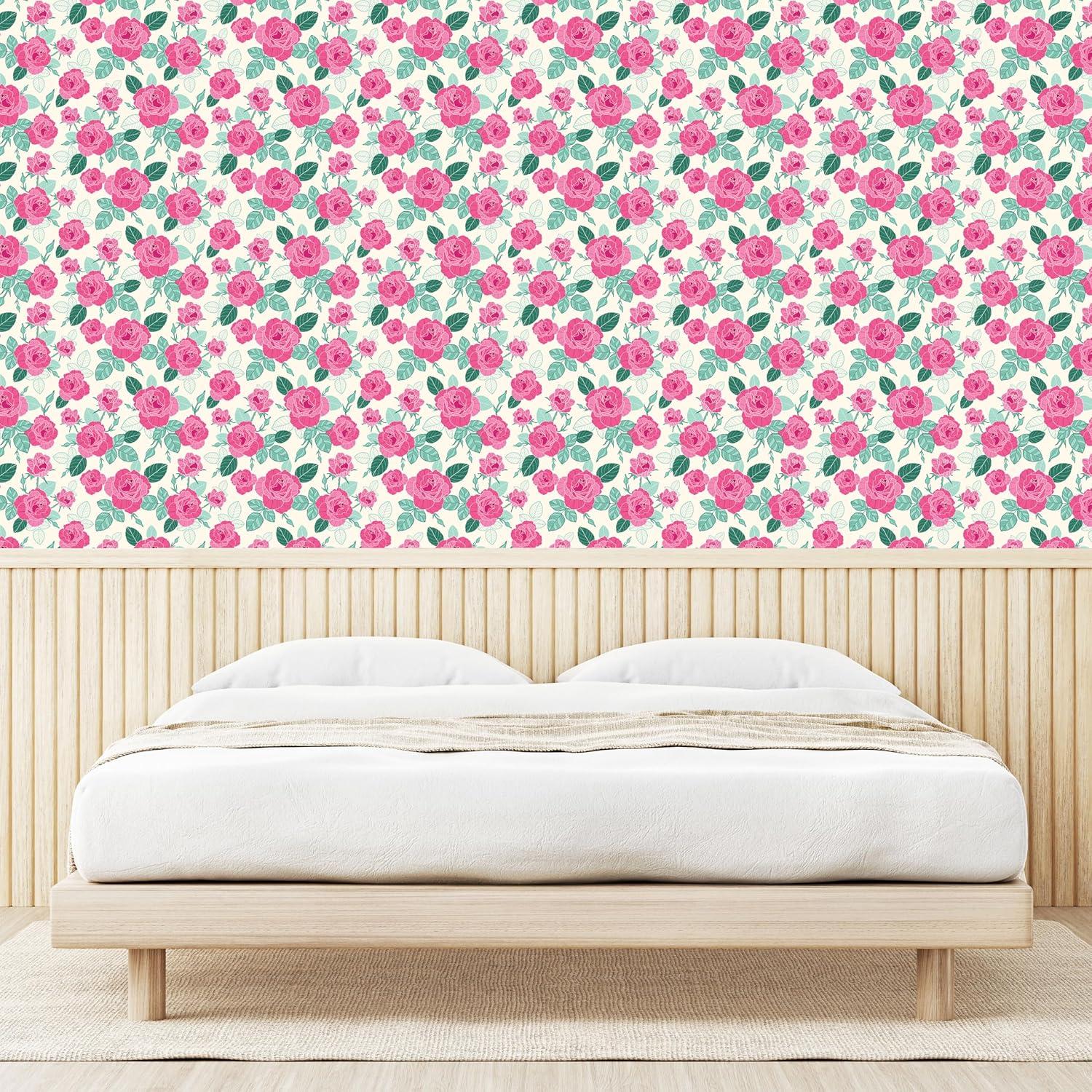 imageAmbesonne Floral Peel amp Stick Wallpaper for Home Rose Flowers and Leaves Pattern Vintage Valentine Romantic Ornament SelfAdhesive Living Room Kitchen Accent 13 x 100 Pastel Pink Hunter Green