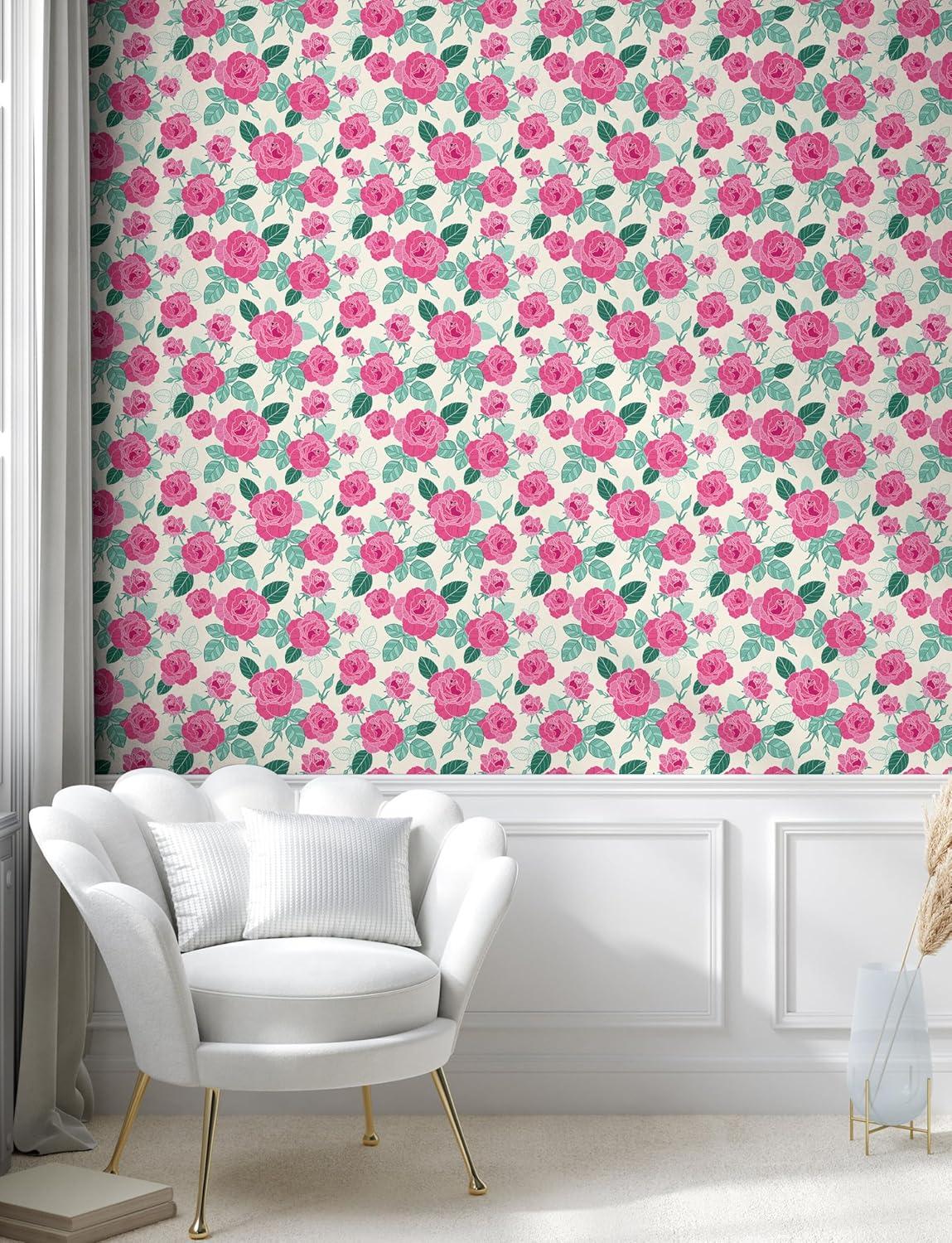 imageAmbesonne Floral Peel amp Stick Wallpaper for Home Rose Flowers and Leaves Pattern Vintage Valentine Romantic Ornament SelfAdhesive Living Room Kitchen Accent 13 x 72 Pastel Pink Hunter Green