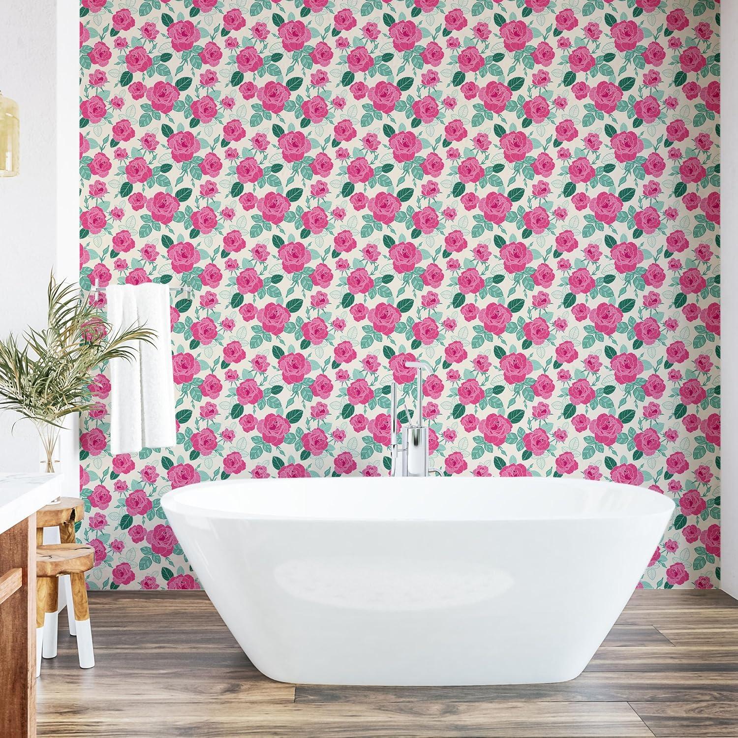 imageAmbesonne Floral Peel amp Stick Wallpaper for Home Rose Flowers and Leaves Pattern Vintage Valentine Romantic Ornament SelfAdhesive Living Room Kitchen Accent 13 x 72 Pastel Pink Hunter Green