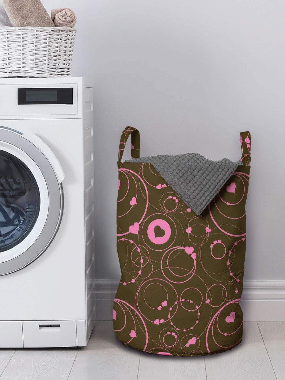 imageAmbesonne Hearts Laundry Bag Valentines Day Themed Ornate Romantic Pink Circles and Shapes on Dark Background Hamper Basket with Handles Drawstring Closure for Laundromats 13 x 19 Pink Brown