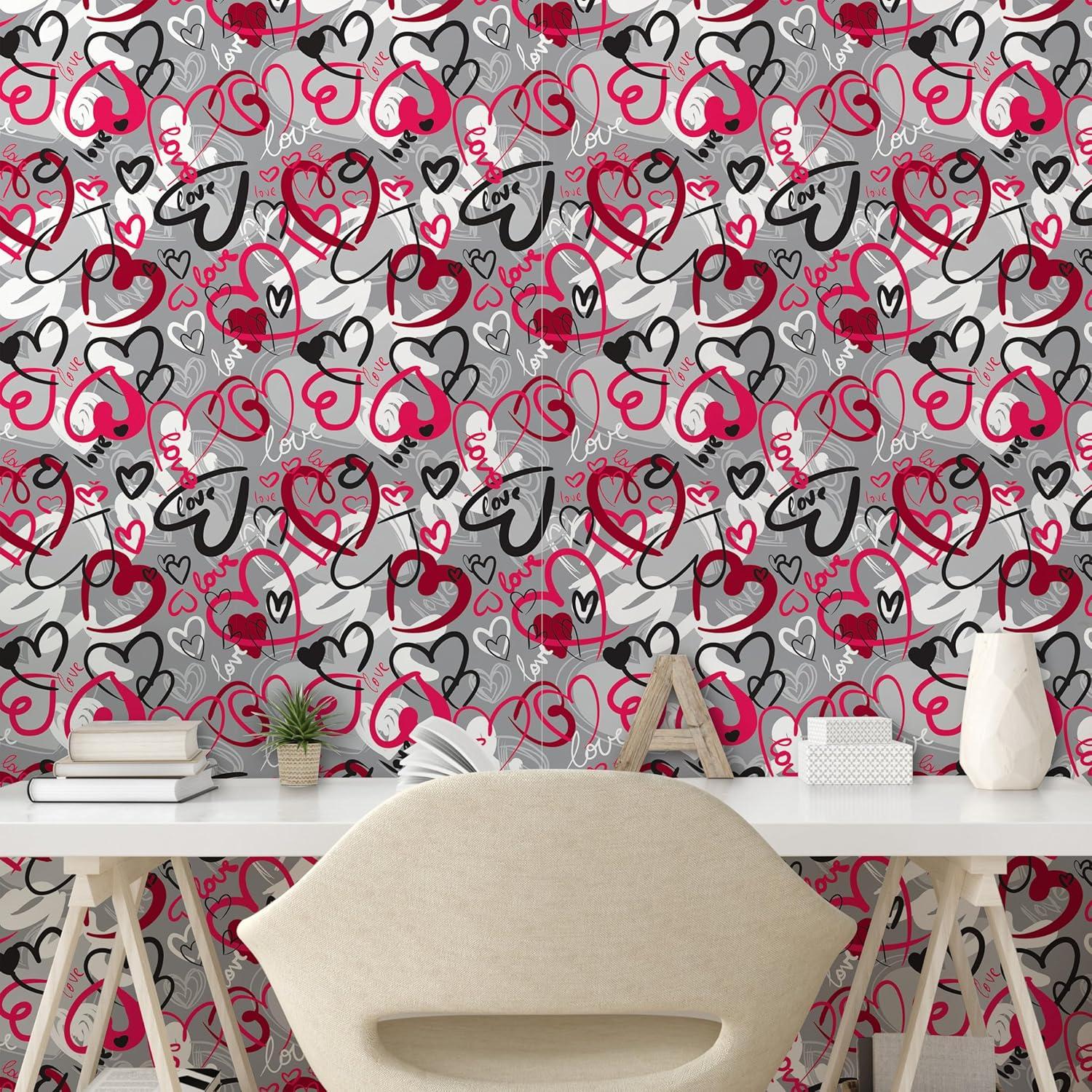 imageAmbesonne Love Peel amp Stick Wallpaper for Home Romantic Random Hand Drawn Style Hearts and Love Words Crazy Romance Valentines SelfAdhesive Living Room Kitchen Accent 13 x 72 Pink Ruby Grey