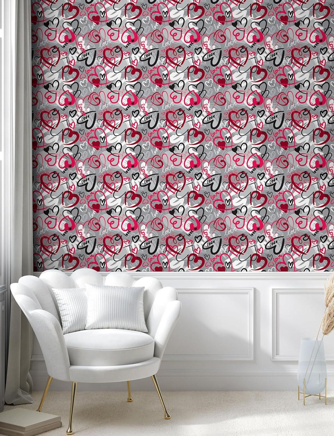 imageAmbesonne Love Peel amp Stick Wallpaper for Home Romantic Random Hand Drawn Style Hearts and Love Words Crazy Romance Valentines SelfAdhesive Living Room Kitchen Accent 13 x 72 Pink Ruby Grey