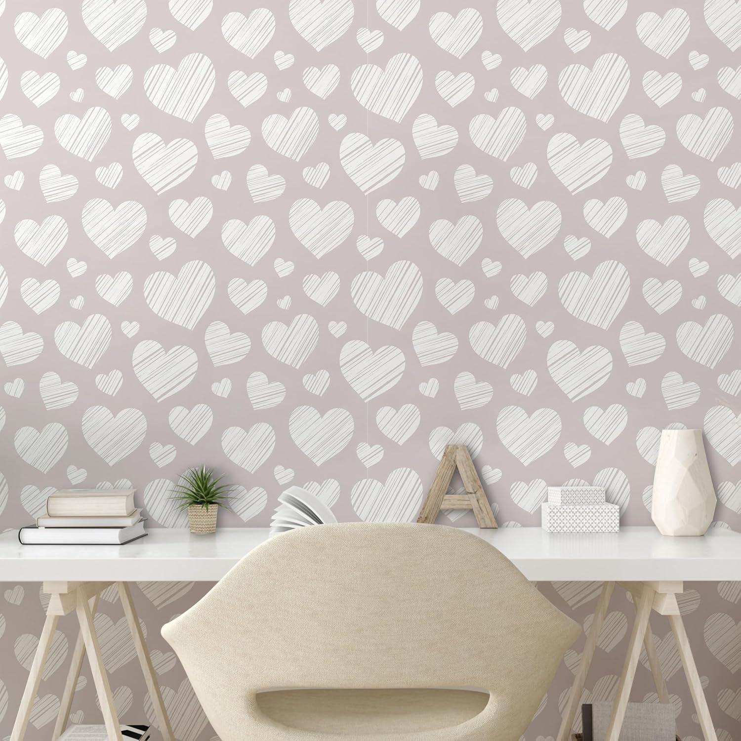 imageAmbesonne Neutral Peel amp Stick Wallpaper for Home Valentines Day Theme Hand Drawn Hearts Diagonal Stripes Romantic Love Pattern SelfAdhesive Living Room Kitchen Accent 13 x 100 Pearl and White