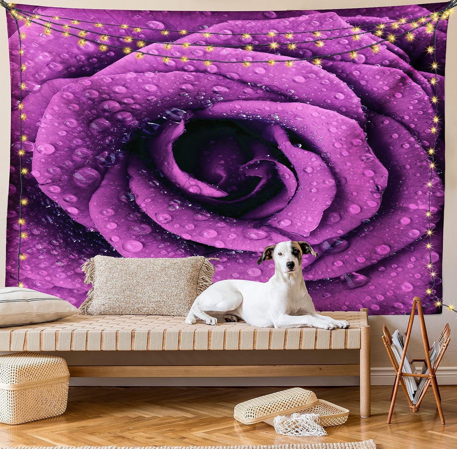 imageAmbesonne Purple Tapestry Fresh Raindrops on a Big Valentine Rose Universal Timeless Romantic Love Blooms Wall Hanging for Bedroom Living Room Dorm Decor 60 X 80 Purple BlackPurple Black