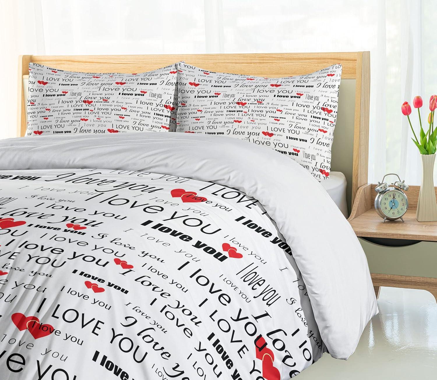 imageAmbesonne Romantic Duvet Cover Set I Love You Words Hearts Romance Couple Valentine Plain Backdrop Decorative 3 Piece Bedding Set with 2 Pillow Shams King Size Vermilion Black White