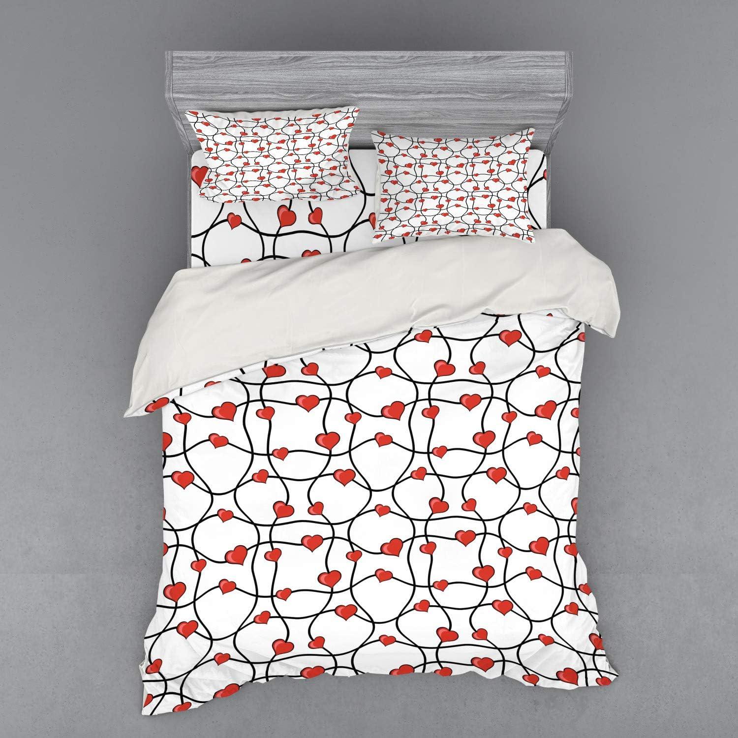 imageAmbesonne Valentines Bedding Set Geometric Themed Illustration with Lines and Hearts Romantic Valentines Day 4 Piece Duvet Cover Set with Shams and Fitted Sheet Queen Size Red Black WhiteRed Black White