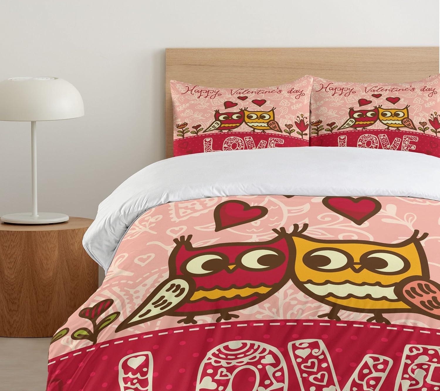imageAmbesonne Valentines Day Duvet Cover Set King Size Owls in Love Print Cute Partners Couples Boho Style Hearts Flowers Dots Decorative 3 Piece Bedding Set with 2 Pillow Shams Pink Red
