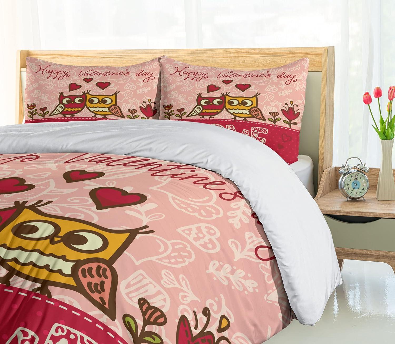 imageAmbesonne Valentines Day Duvet Cover Set King Size Owls in Love Print Cute Partners Couples Boho Style Hearts Flowers Dots Decorative 3 Piece Bedding Set with 2 Pillow Shams Pink Red
