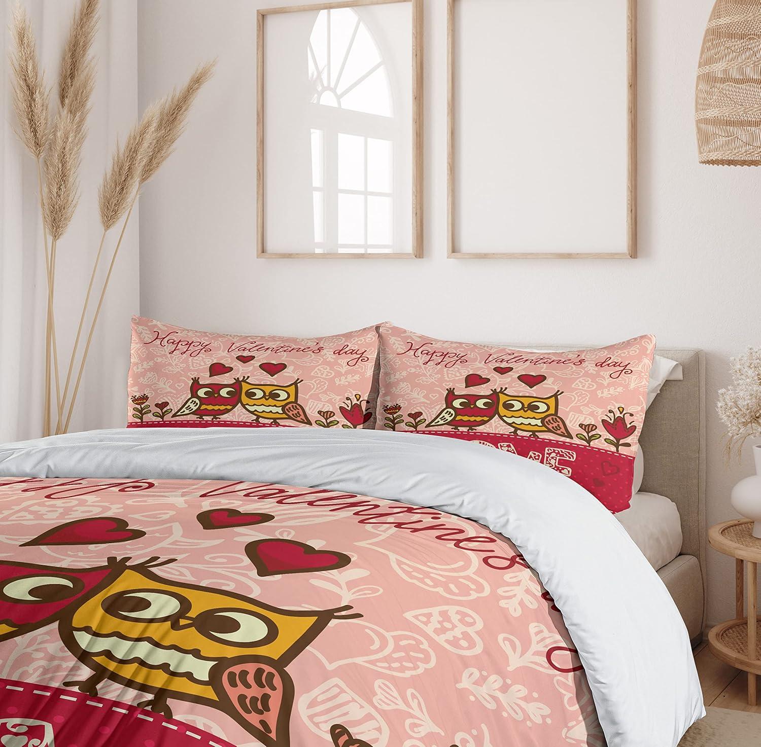 imageAmbesonne Valentines Day Duvet Cover Set King Size Owls in Love Print Cute Partners Couples Boho Style Hearts Flowers Dots Decorative 3 Piece Bedding Set with 2 Pillow Shams Pink Red