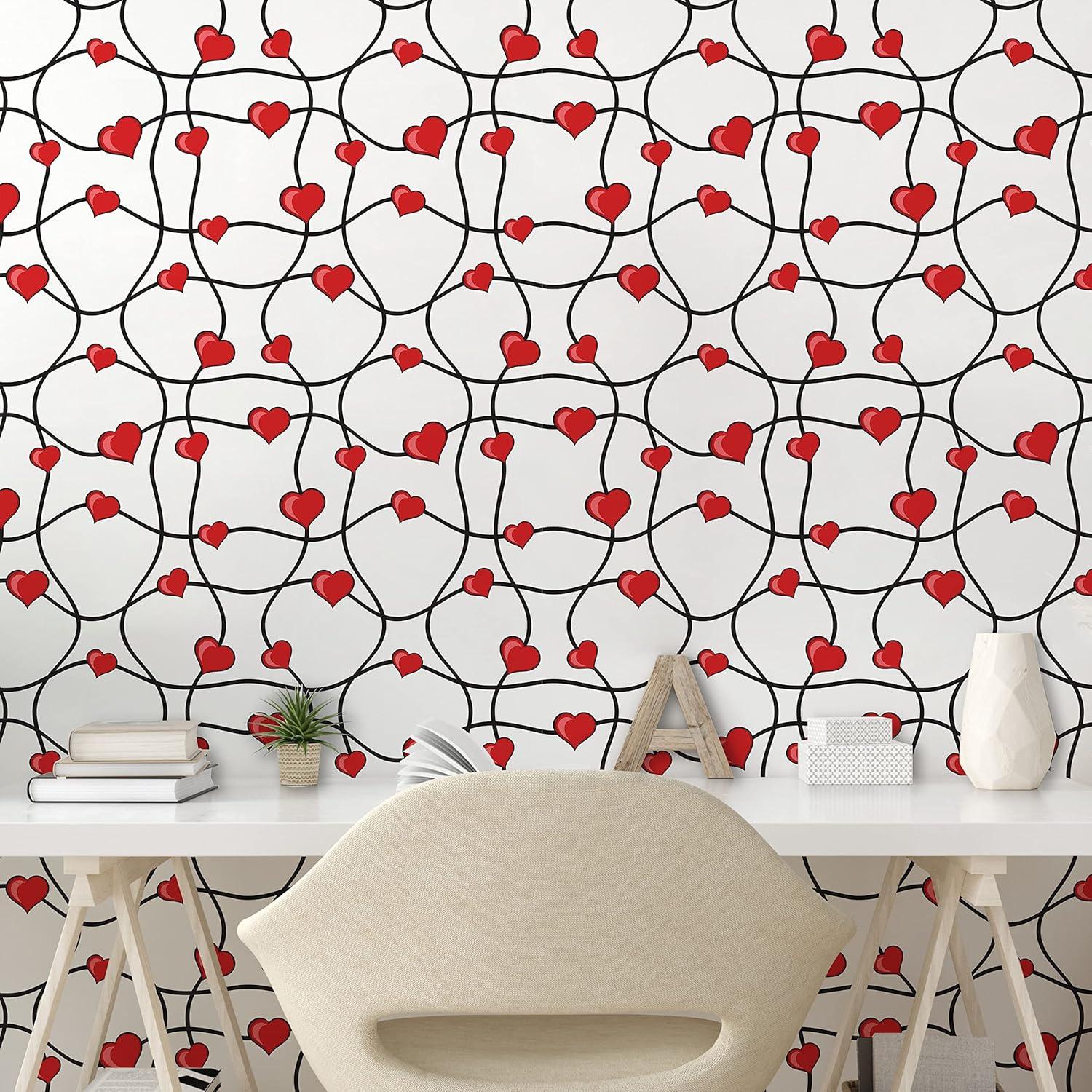 imageAmbesonne Valentines Peel amp Stick Wallpaper for Home Geometric Themed Illustration with Lines and Hearts Romantic Valentines Day SelfAdhesive Living Room Kitchen Accent 13 x 72 Red Black White