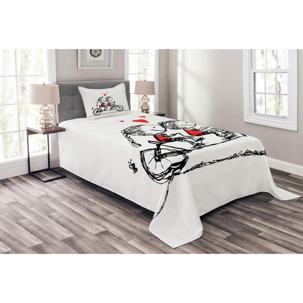 imageAmbesonne Bicycle Bedspread Set Love Couple Cycling Together Soul Mates Valentines Sketchy Print 2 Piece Decorative Bedding Coverlet and a Pillow Sham Twin Size Black White Scarlet