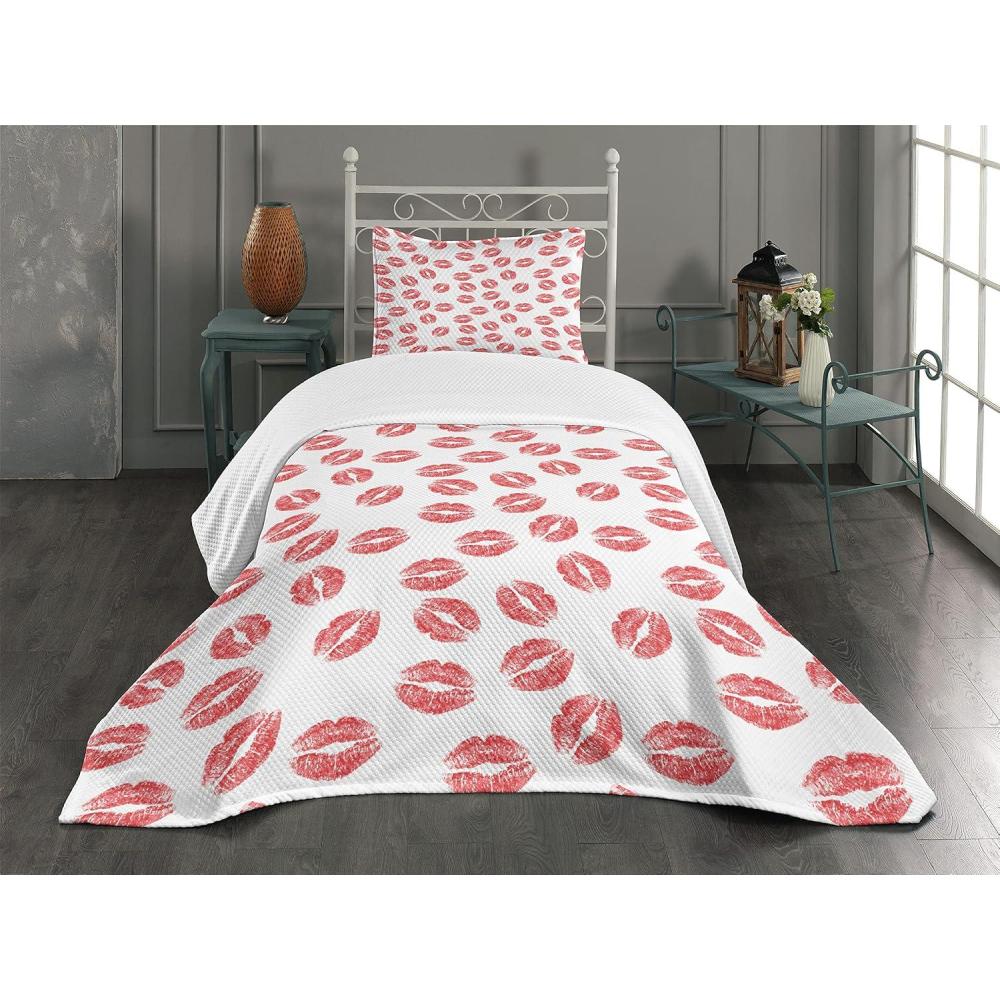 imageAmbesonne Feminine Bedspread Set Pattern of Lipstick Kiss Marks Woman Valentines Wedding Theme Illustration 3 Piece Decorative Bedding Coverlet and 2 Pillow Shams Twin Size White Red
