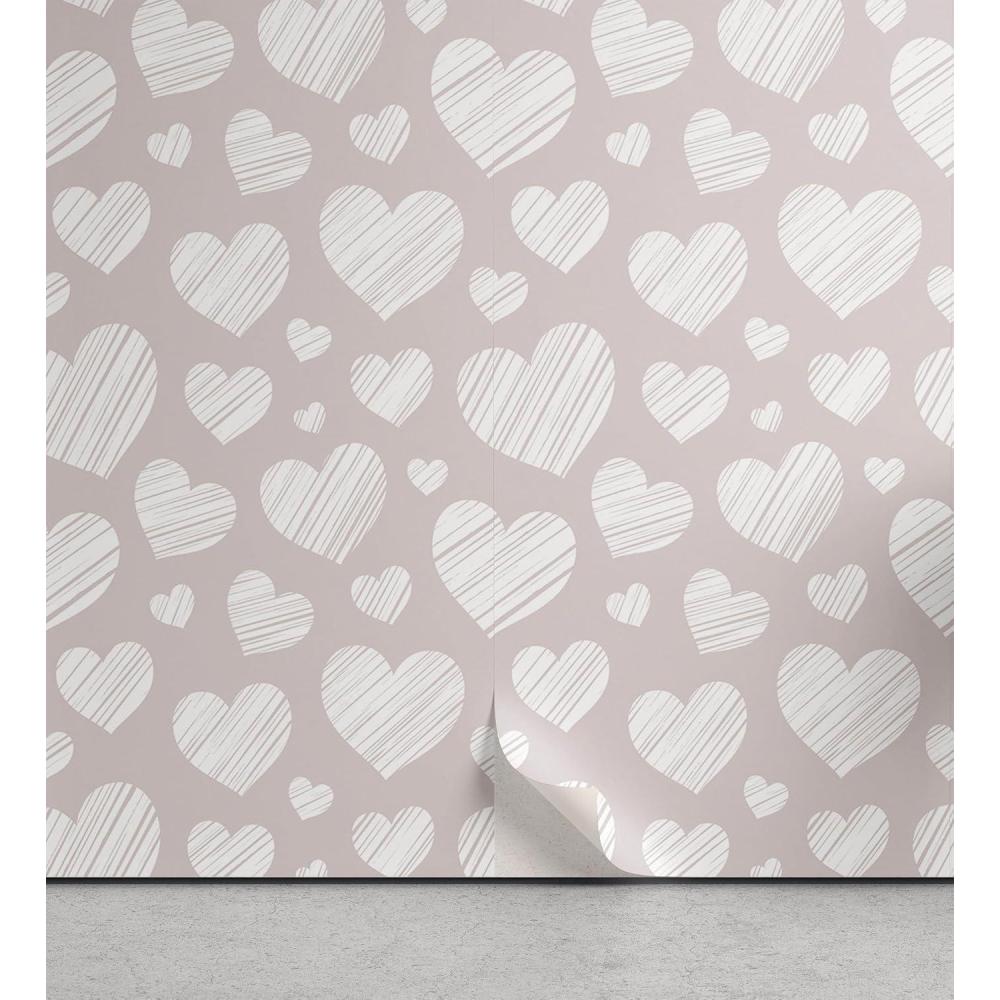 imageAmbesonne Neutral Peel amp Stick Wallpaper for Home Valentines Day Theme Hand Drawn Hearts Diagonal Stripes Romantic Love Pattern SelfAdhesive Living Room Kitchen Accent 13 x 36 Pearl and White