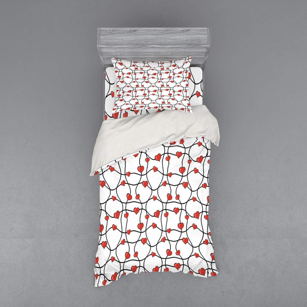 imageAmbesonne Valentines Bedding Set Geometric Themed Illustration with Lines and Hearts Romantic Valentines Day 4 Piece Duvet Cover Set with Shams and Fitted Sheet Queen Size Red Black WhiteRed Black White