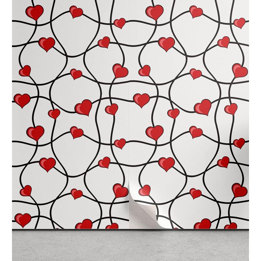 imageAmbesonne Valentines Peel amp Stick Wallpaper for Home Geometric Themed Illustration with Lines and Hearts Romantic Valentines Day SelfAdhesive Living Room Kitchen Accent 13 x 100 Red Black White