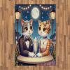 Ambesonne Cat Area Rug, Romantic Date Night of Kitties Drinking Milkshake Cozy Night Scene Valentines, Flat Woven Accent Rug for Living Room Bedroom Dining Room, 4′ X 5′ 7″, Dark Blue Apricot(Dark Blue Apricot)