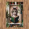 Ambesonne Cat Area Rug, Romantic Date Night of Kitties Drinking Milkshake Cozy Night Scene Valentines, Flat Woven Accent Rug for Living Room Bedroom Dining Room, 4′ X 5′ 7″, Dark Blue Apricot(Green Paprika Beige)