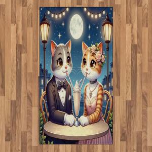 Ambesonne Cat Area Rug, Romantic Date Night of Kitties Drinking Milkshake Cozy Night Scene Valentines, Flat Woven Accent Rug for Living Room Bedroom Dining Room, 4′ X 5′ 7″, Dark Blue Apricot(Dark Blue Apricot)