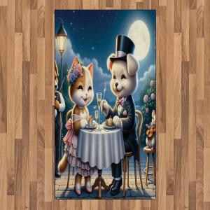 Ambesonne Cat Area Rug, Romantic Date Night of Kitties Drinking Milkshake Cozy Night Scene Valentines, Flat Woven Accent Rug for Living Room Bedroom Dining Room, 4′ X 5′ 7″, Dark Blue Apricot(Night Blue Rose Apricot)