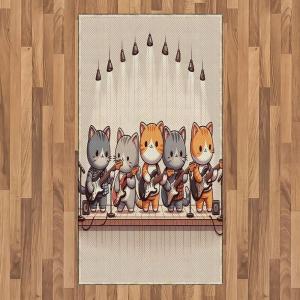 Ambesonne Cat Area Rug, Romantic Date Night of Kitties Drinking Milkshake Cozy Night Scene Valentines, Flat Woven Accent Rug for Living Room Bedroom Dining Room, 4′ X 5′ 7″, Dark Blue Apricot(Grey Orange and Pale Tan)