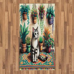 Ambesonne Cat Area Rug, Romantic Date Night of Kitties Drinking Milkshake Cozy Night Scene Valentines, Flat Woven Accent Rug for Living Room Bedroom Dining Room, 4′ X 5′ 7″, Dark Blue Apricot(Jade Green Grey Orange)