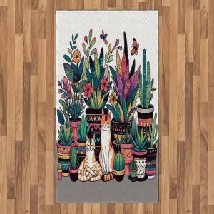 Ambesonne Cat Area Rug, Romantic Date Night of Kitties Drinking Milkshake Cozy Night Scene Valentines, Flat Woven Accent Rug for Living Room Bedroom Dining Room, 4′ X 5′ 7″, Dark Blue Apricot(Teal Pink and Purple)