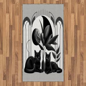 Ambesonne Cat Area Rug, Romantic Date Night of Kitties Drinking Milkshake Cozy Night Scene Valentines, Flat Woven Accent Rug for Living Room Bedroom Dining Room, 4′ X 5′ 7″, Dark Blue Apricot(Pale Grey Charcoal Grey)