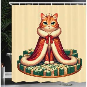 Ambesonne Cat Shower Curtain, Rich Queen Kitty Character on Money Boss Lady Animal Funny Cartoon, Cloth Fabric Bathroom Decor Set with Hooks, 69″ W x 70″ L, Cream Hunter Green and Orange(Cream Hunter Green and Orange)