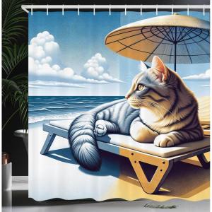 Ambesonne Cat Shower Curtain, Rich Queen Kitty Character on Money Boss Lady Animal Funny Cartoon, Cloth Fabric Bathroom Decor Set with Hooks, 69″ W x 70″ L, Cream Hunter Green and Orange(Blue Pale Mustard)