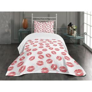 Ambesonne Feminine Bedspread Set, Pattern of Lipstick Kiss Marks Woman Valentines Wedding Theme Illustration, 3 Piece Decorative Bedding Coverlet and 2 Pillow Shams, Twin Size, White Red