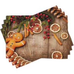 Ambesonne Gingerbread Man Place Mats Set of 4, Rustic Composition with Holly Berry Orange Slice Cinnamon and Biscuit, Washable Fabric Placemats for Dining Table, Standard Size, Orange Brown
