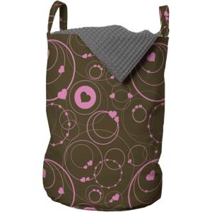 Ambesonne Hearts Laundry Bag, Valentines Day Themed Ornate Romantic Pink Circles and Shapes on Dark Background, Hamper Basket with Handles Drawstring Closure for Laundromats, 13″ x 19″, Pink Brown