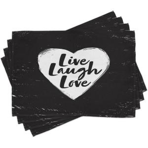 Ambesonne Live Laugh Love Place Mats Set of 4, Illustration of a Grunge Inspired Heart and a Words on Black Background, Washable Fabric Placemats for Dining Table, Standard Size, White and Black