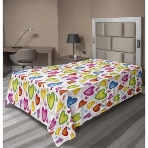 Ambesonne Love Flat Sheet, Colorful Hearts and Butterflies Silhouettes Doodle Style Happy Valentines Day Pattern, Soft Comfortable Top Sheet Decorative Bedding 1 Piece, Queen Size, Multicolor(Twin XL)