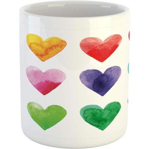 Ambesonne Valentine Mug, Rainbow Colored Heart Shapes in Watercolors Hand Drawn Romantic Illustration, Ceramic Coffee Mug Cup for Water Tea Drinks, 11 oz, Pastel Red(Pastel Red)