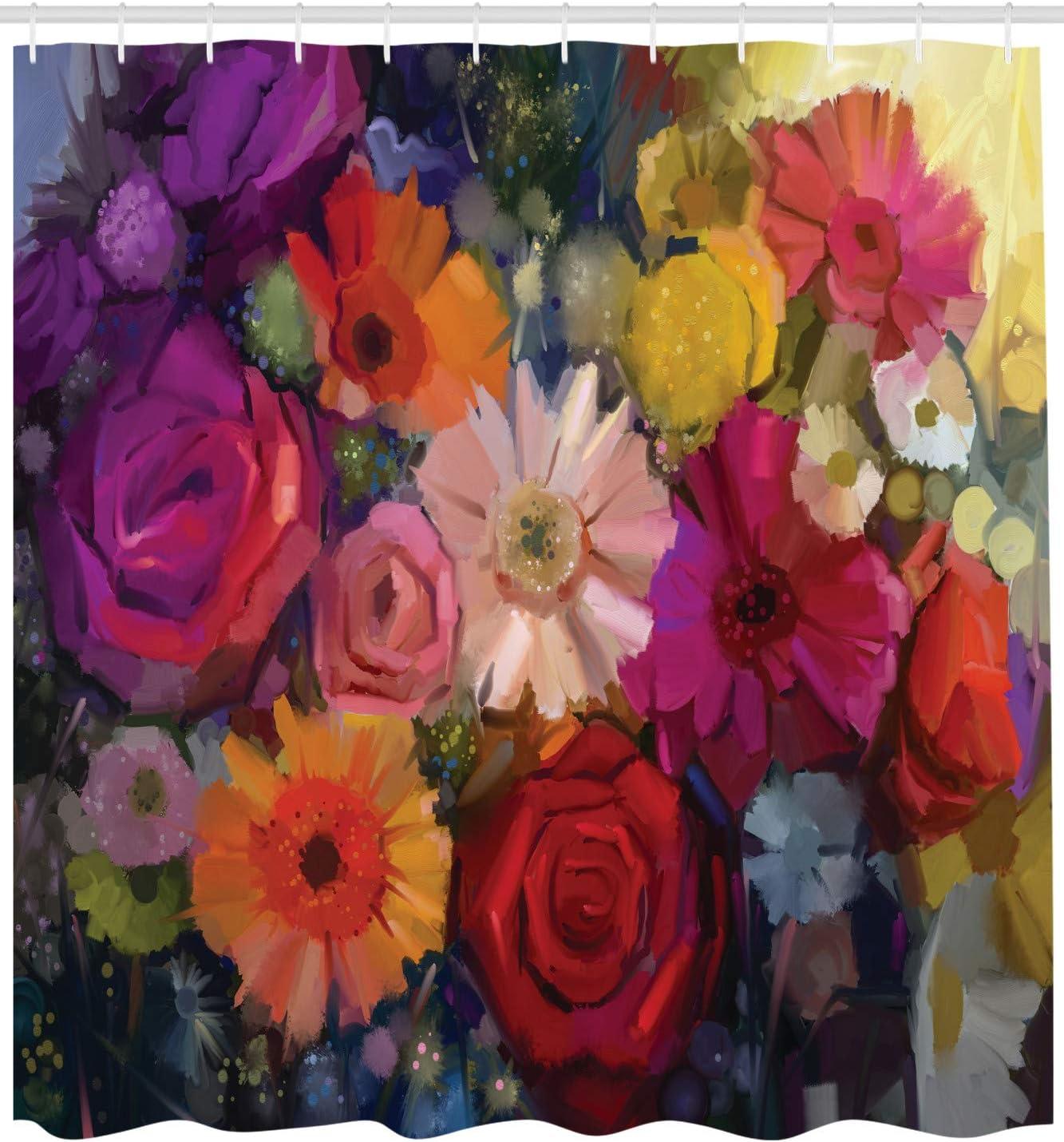 imageAmbesonne Gerbera Shower Curtain Still Life Art Concept Paintbrush Blossoms Colorful Design Romantic Feminine Cloth Fabric Bathroom Decor Set with Hooks 69 W x 70 L Magenta Red