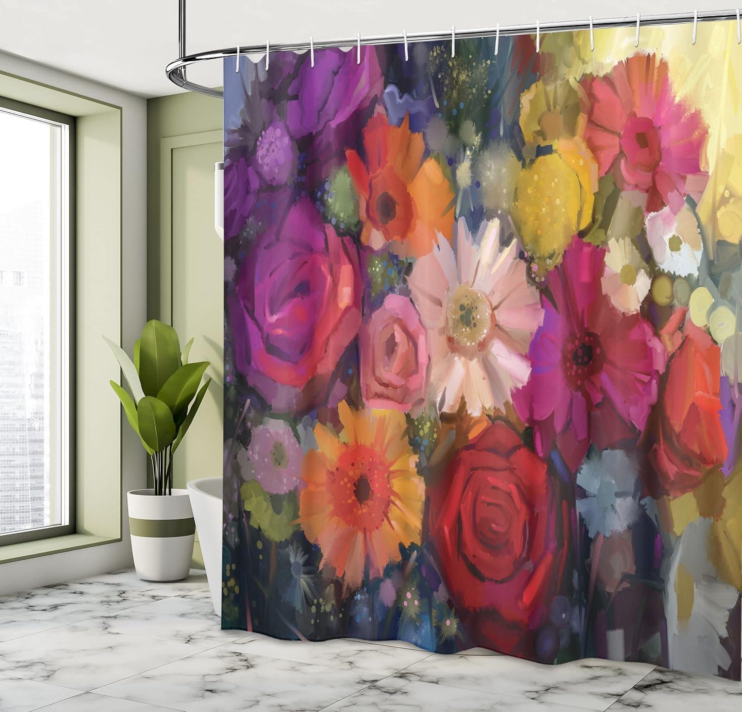 imageAmbesonne Gerbera Shower Curtain Still Life Art Concept Paintbrush Blossoms Colorful Design Romantic Feminine Cloth Fabric Bathroom Decor Set with Hooks 69 W x 70 L Magenta Red