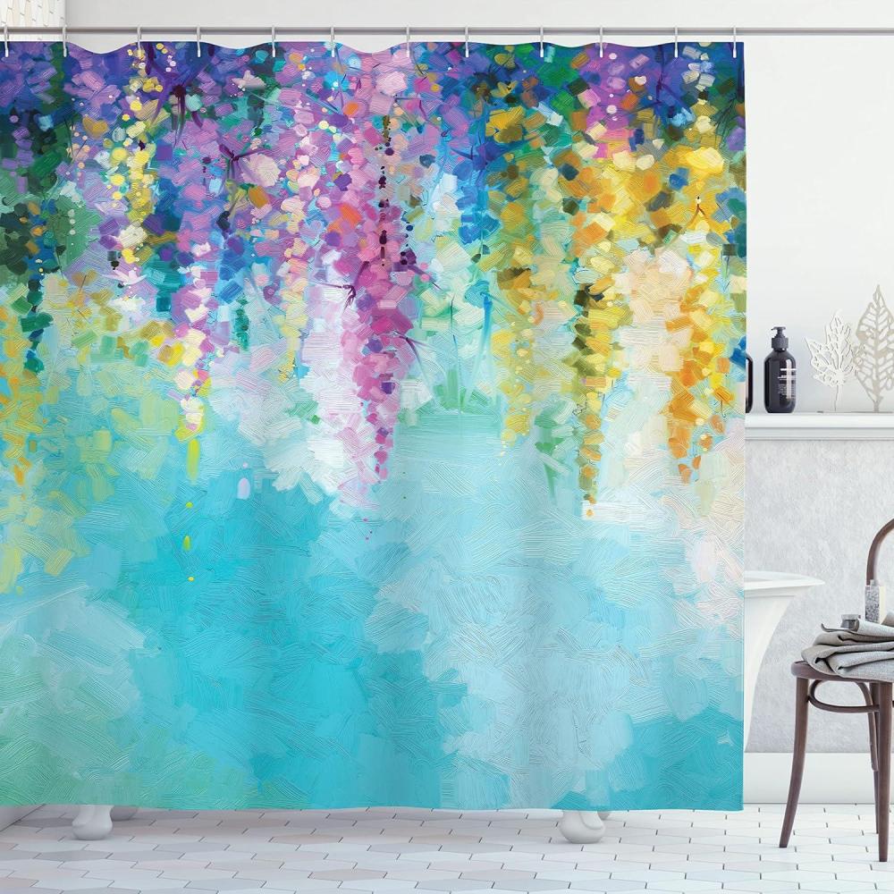 imageAmbesonne Flower Shower Curtain Abstract Ivy Romantic and Landscape Spring Floral Art Nature Theme Cloth Fabric Bathroom Decor Set with Hooks 69 W x 70 L Sea Blue Sky Blue Off WhiteSea Blue Sky Blue Off White