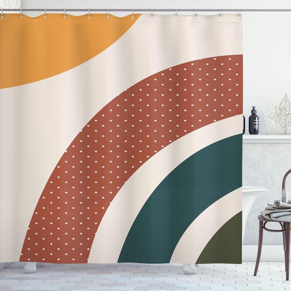 imageAmbesonne Mid Century Modern Boho Shower Curtain Retro Abstract Conceot Stripes with Polka Dots Print Cloth Fabric Bathroom Decor Set with Hooks 69 W x 84 L Cinnamon Apricot Eggshell