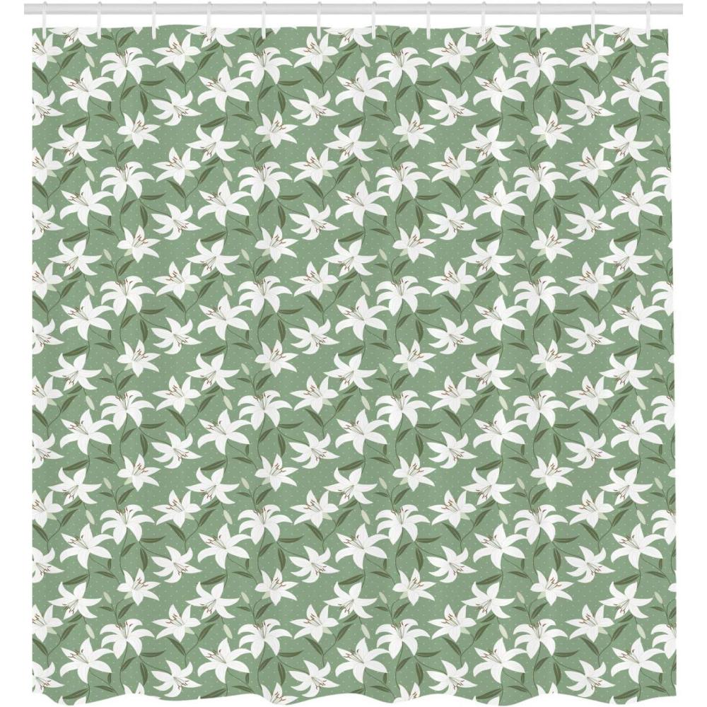 imageAmbesonne Romantic Shower Curtain Lilly Bouquet Valentines Day Themed Arrangement on Polka Dots Backdrop Fabric Bathroom Decor Set with Hooks 105 inches Extralong Pistachio Green White