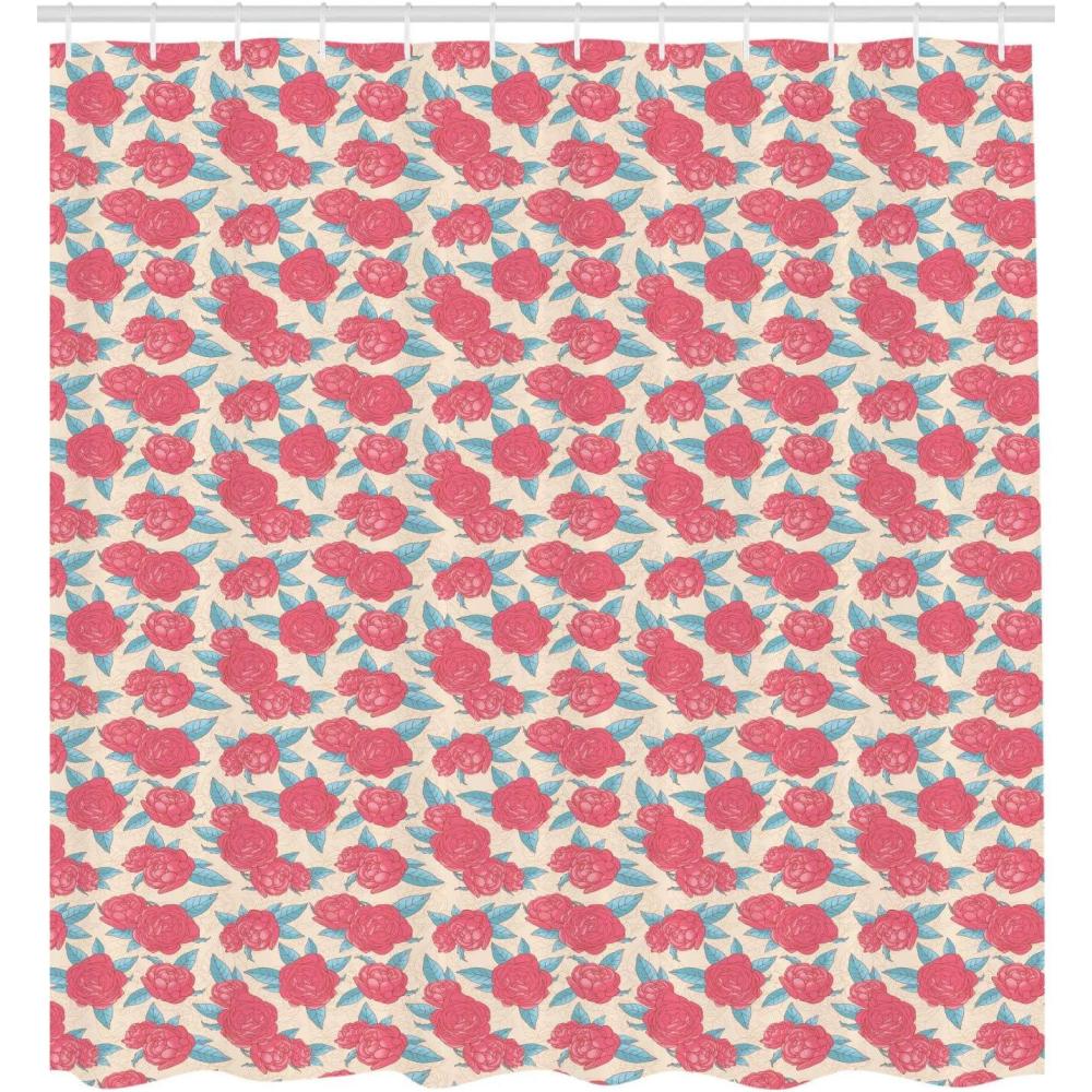 imageAmbesonne Romantic Shower Curtain Valentines Day Style Rose Composition Love Symbol in Pastel Colors Fabric Bathroom Decor Set with Hooks 105 inches Extralong Aqua Dark Coral Beige