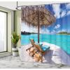 Ambesonne Beach Shower Curtain, Maldives Scenic Seaside View Sunbeds Under Umbrella Romantic Honeymoon Theme, Cloth Fabric Bathroom Decor Set with Hooks, 69″ W x 70″ L, Brown White