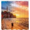 Ambesonne Cityscape Shower Curtain, Sunset at Rovinj Adriatic Sea Coast of Croatia Romantic Evening Scenery Print, Cloth Fabric Bathroom Decor Set with Hooks, 69″ W x 70″ L, Brown Yellow