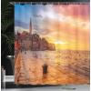 Ambesonne Cityscape Shower Curtain, Sunset at Rovinj Adriatic Sea Coast of Croatia Romantic Evening Scenery Print, Cloth Fabric Bathroom Decor Set with Hooks, 69″ W x 70″ L, Brown Yellow