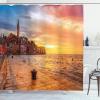 Ambesonne Cityscape Shower Curtain, Sunset at Rovinj Adriatic Sea Coast of Croatia Romantic Evening Scenery Print, Cloth Fabric Bathroom Decor Set with Hooks, 69″ W x 70″ L, Brown Yellow