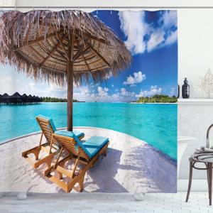 Ambesonne Beach Shower Curtain, Maldives Scenic Seaside View Sunbeds Under Umbrella Romantic Honeymoon Theme, Cloth Fabric Bathroom Decor Set with Hooks, 69″ W x 70″ L, Brown White