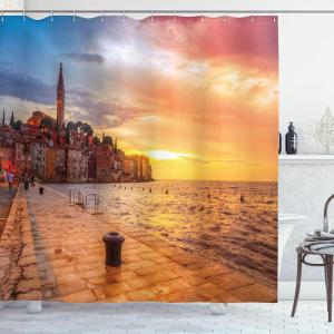 Ambesonne Cityscape Shower Curtain, Sunset at Rovinj Adriatic Sea Coast of Croatia Romantic Evening Scenery Print, Cloth Fabric Bathroom Decor Set with Hooks, 69″ W x 70″ L, Brown Yellow