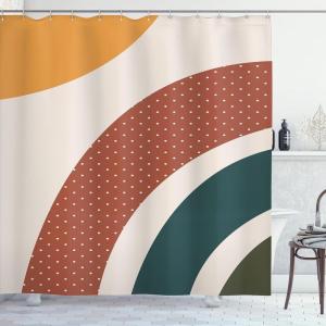 Ambesonne Mid Century Modern Boho Shower Curtain, Retro Abstract Conceot Stripes with Polka Dots Print, Cloth Fabric Bathroom Decor Set with Hooks, 69″ W x 84″ L, Cinnamon Apricot Eggshell
