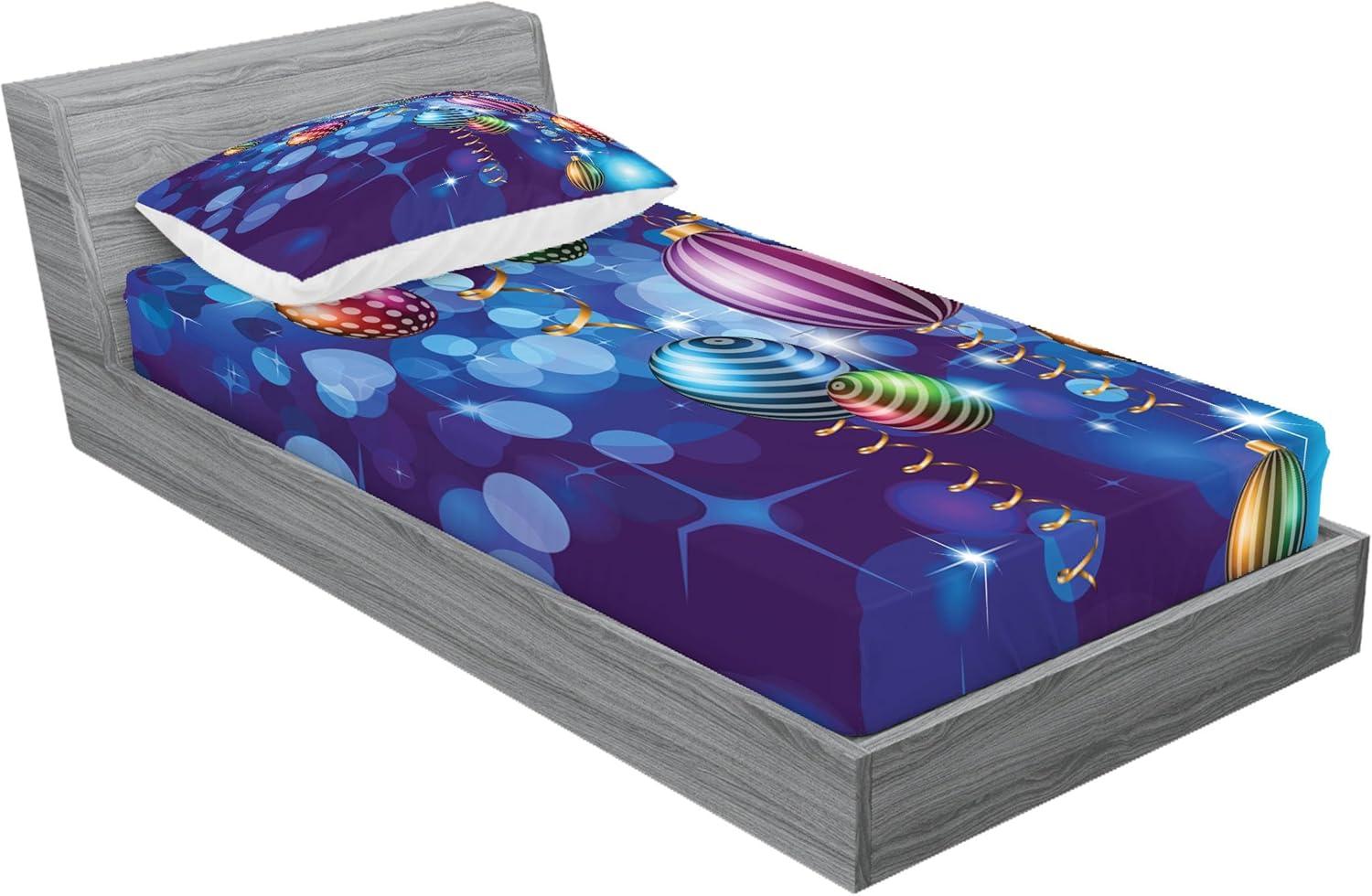 imageAmbesonne Christmas Fitted Sheet amp Pillow Sham Set Happy New Year Party Celebrations Swirling Ornaments and Balls Print Decorative Printed 2 Piece Bedding Decor Set Twin Purple Navy