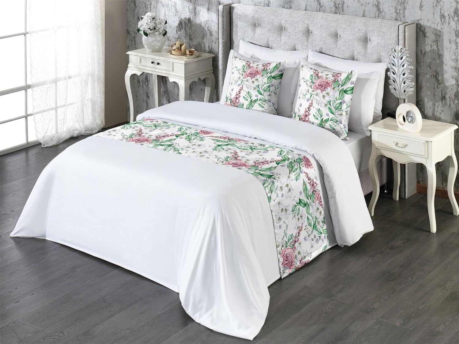 imageAmbesonne Christmas Floral Bed Runner Set Simple Design Botany Pattern Winter Rabbits Snowflakes Circles Decorative Bedding Scarf and a Pillow Sham for Hotels Homes Twin Dark Sea Green WhitePeacock Green and Pale Ruby